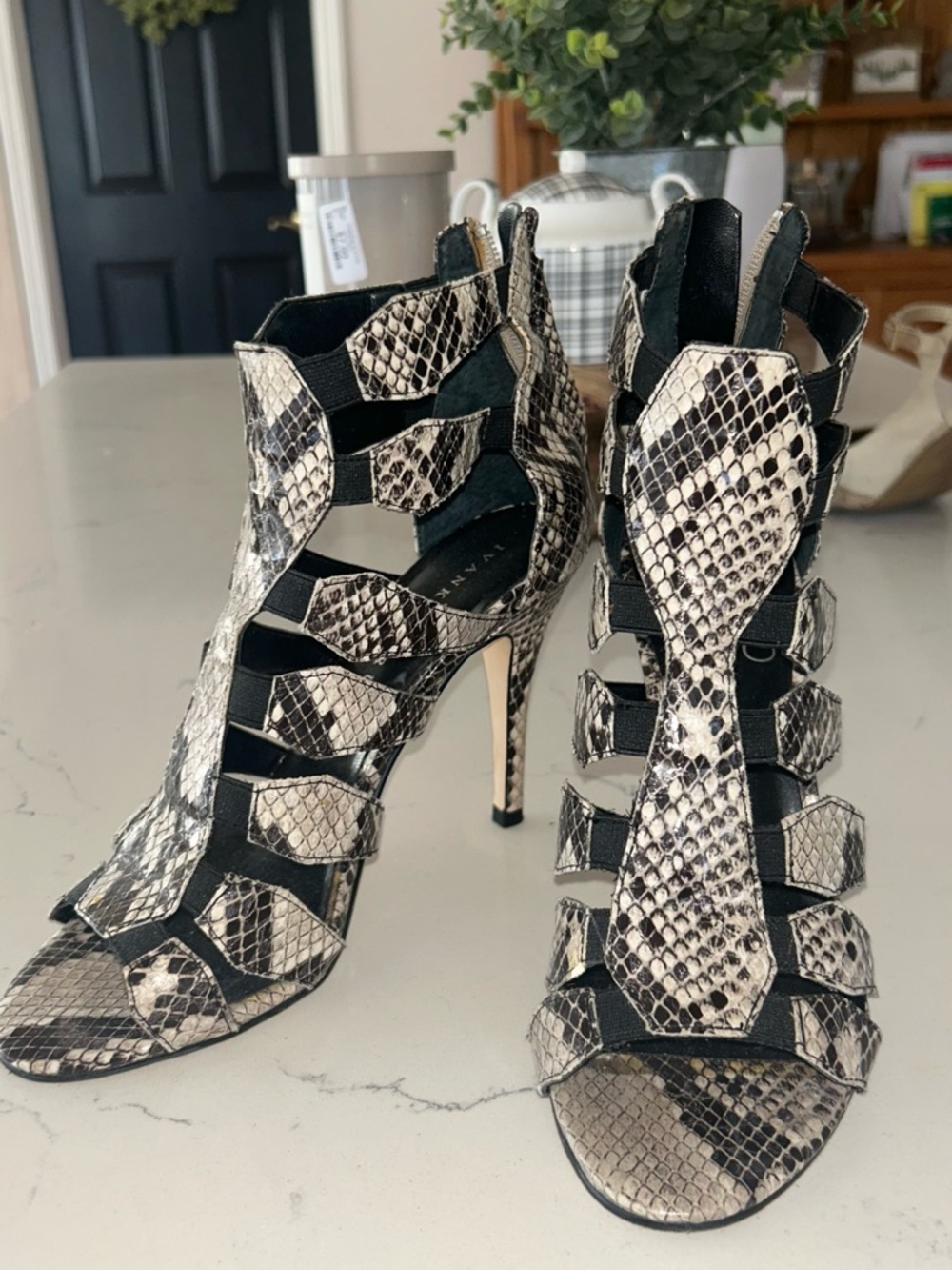 Ivanka Trump Snake-Print Cutout Stiletto Sandals - Black & Cream